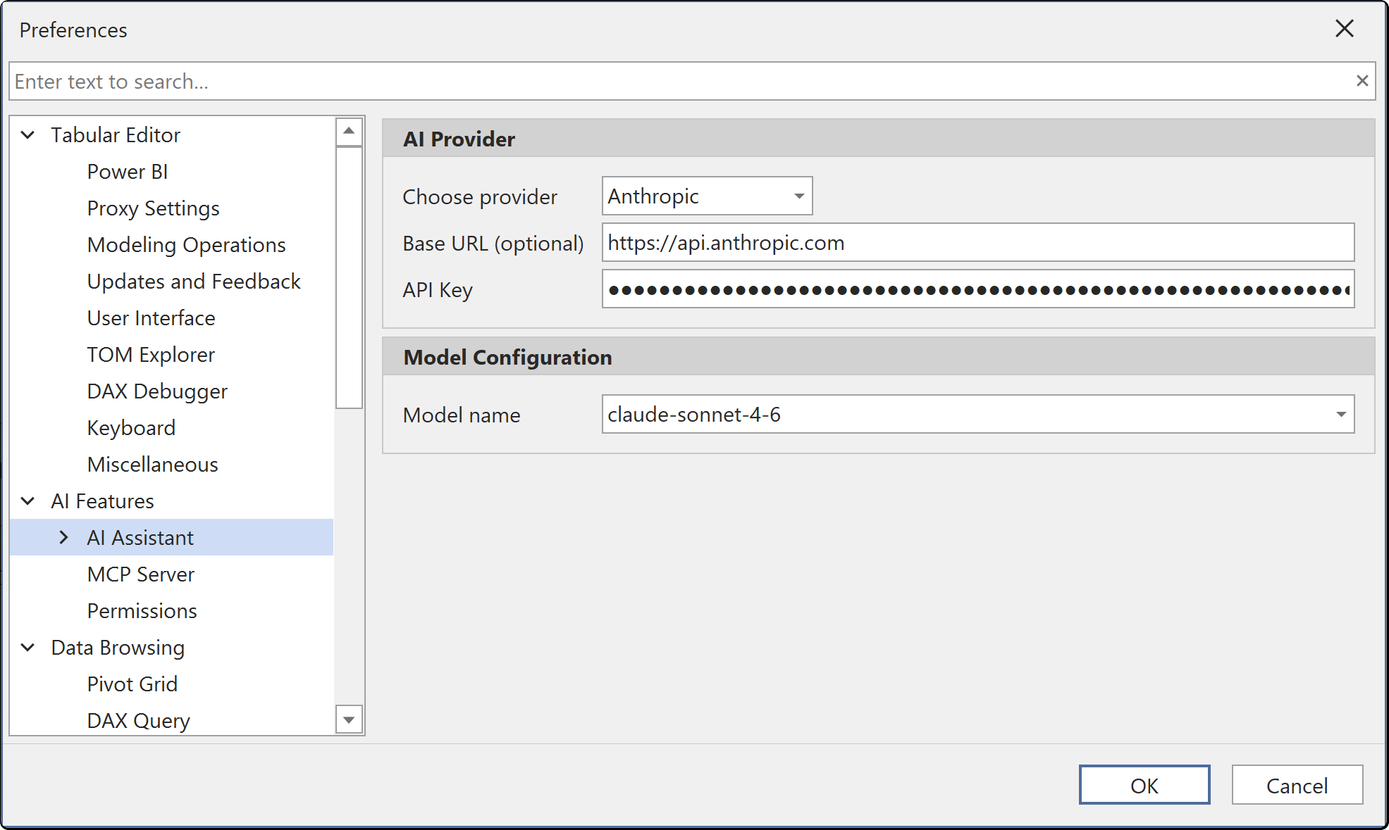 The AI Provider preferences page with Anthropic selected as the provider, the base URL https://api.anthropic.com, a masked API key and claude-sonnet-4-6 as the model name