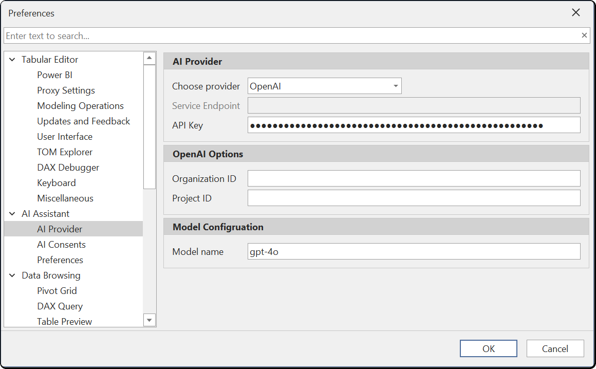 The AI Provider preferences page from an earlier version, with OpenAI selected, a masked API key, empty Organization ID and Project ID fields and gpt-4o as the model name