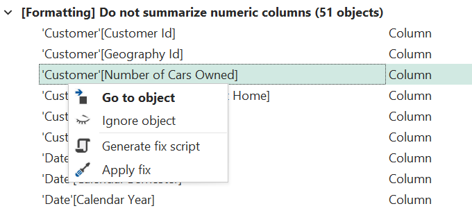 Context menu for an object in the Best Practice Analyzer view