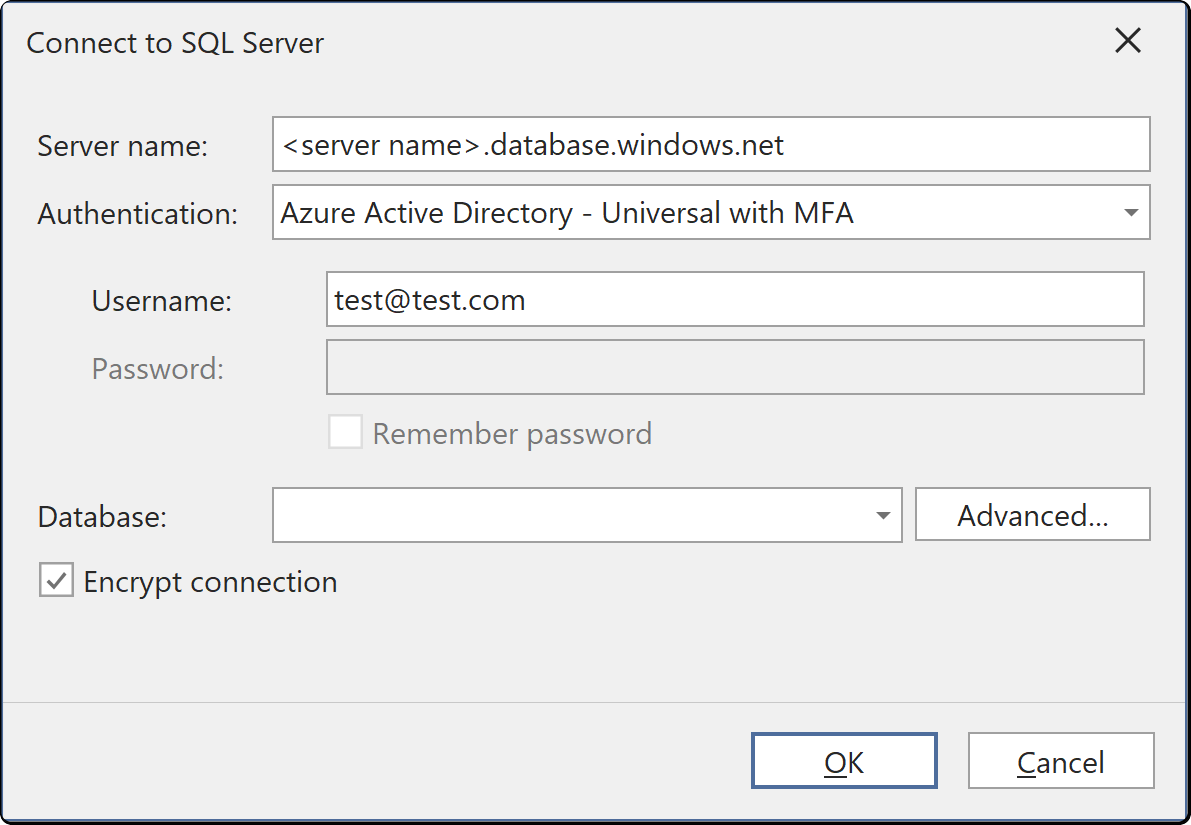The Connect to SQL Server dialog, with Azure Active Directory - Universal with MFA selected in the Authentication list