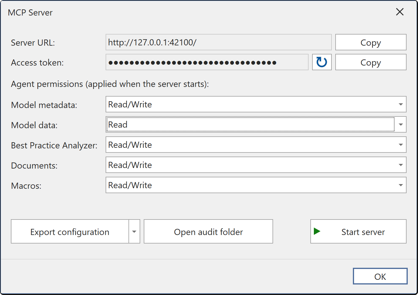 The MCP Server dialog, showing the server URL, a masked access token and the five agent permission rows set to non-default levels