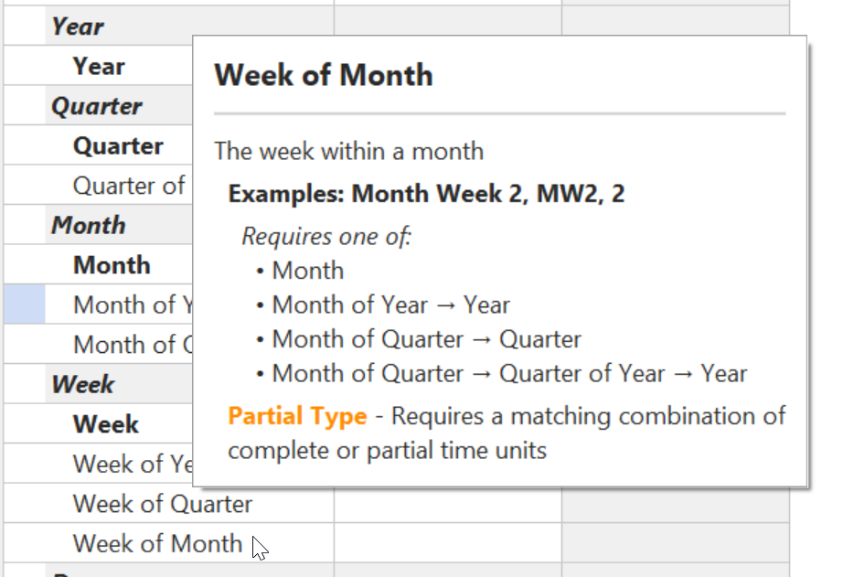Tooltip for a partial time unit showing dependencies