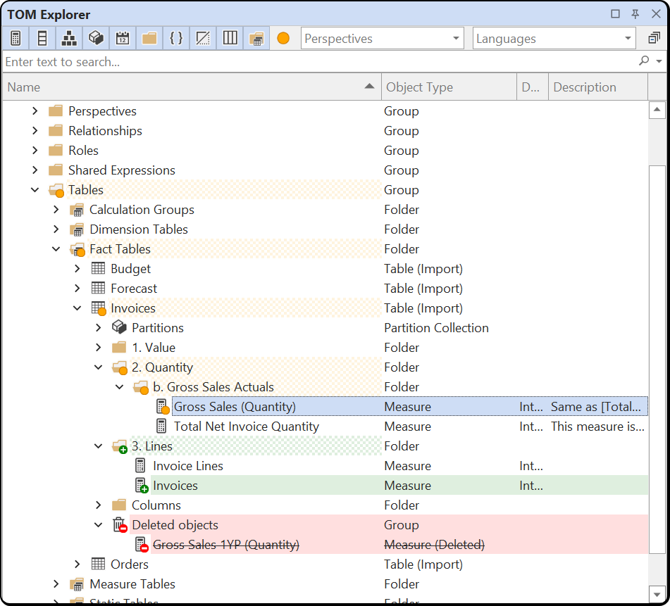 TOM Explorer with a deleted measure listed under a Deleted objects node at the end of its table