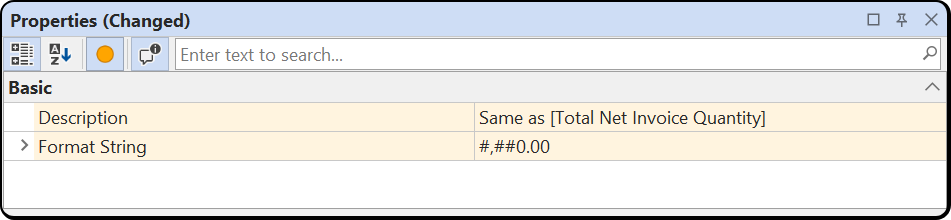 Properties view with the Show changes filter active, listing only changed properties