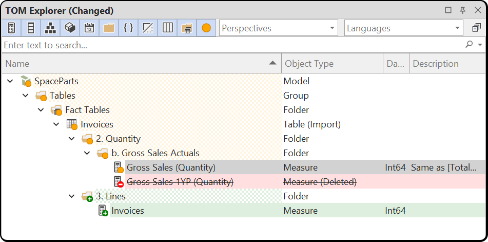 TOM Explorer with the Show changes filter active, listing only changed objects and their containers